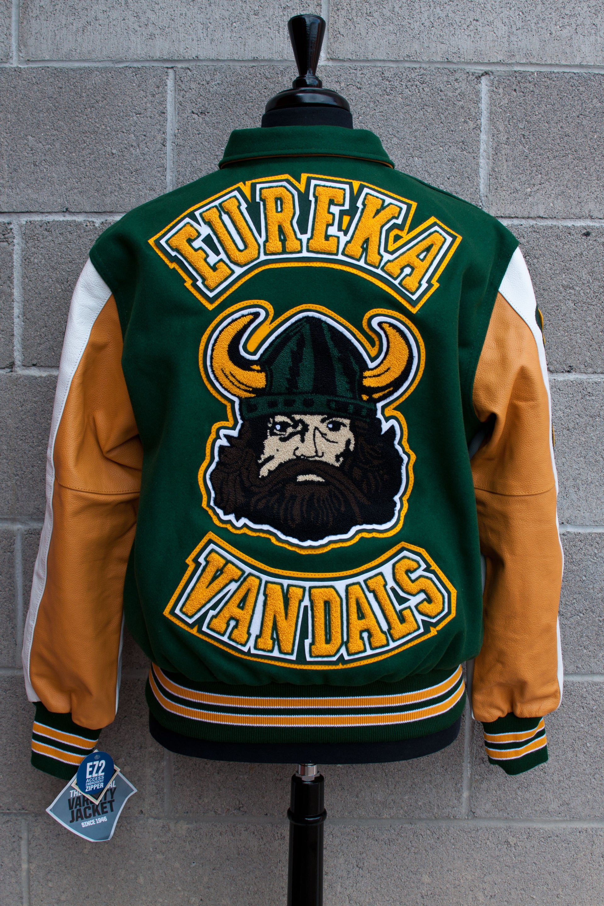 Royal Blue Letterman Jacket with Gold Leather Sleeves - Graduation
